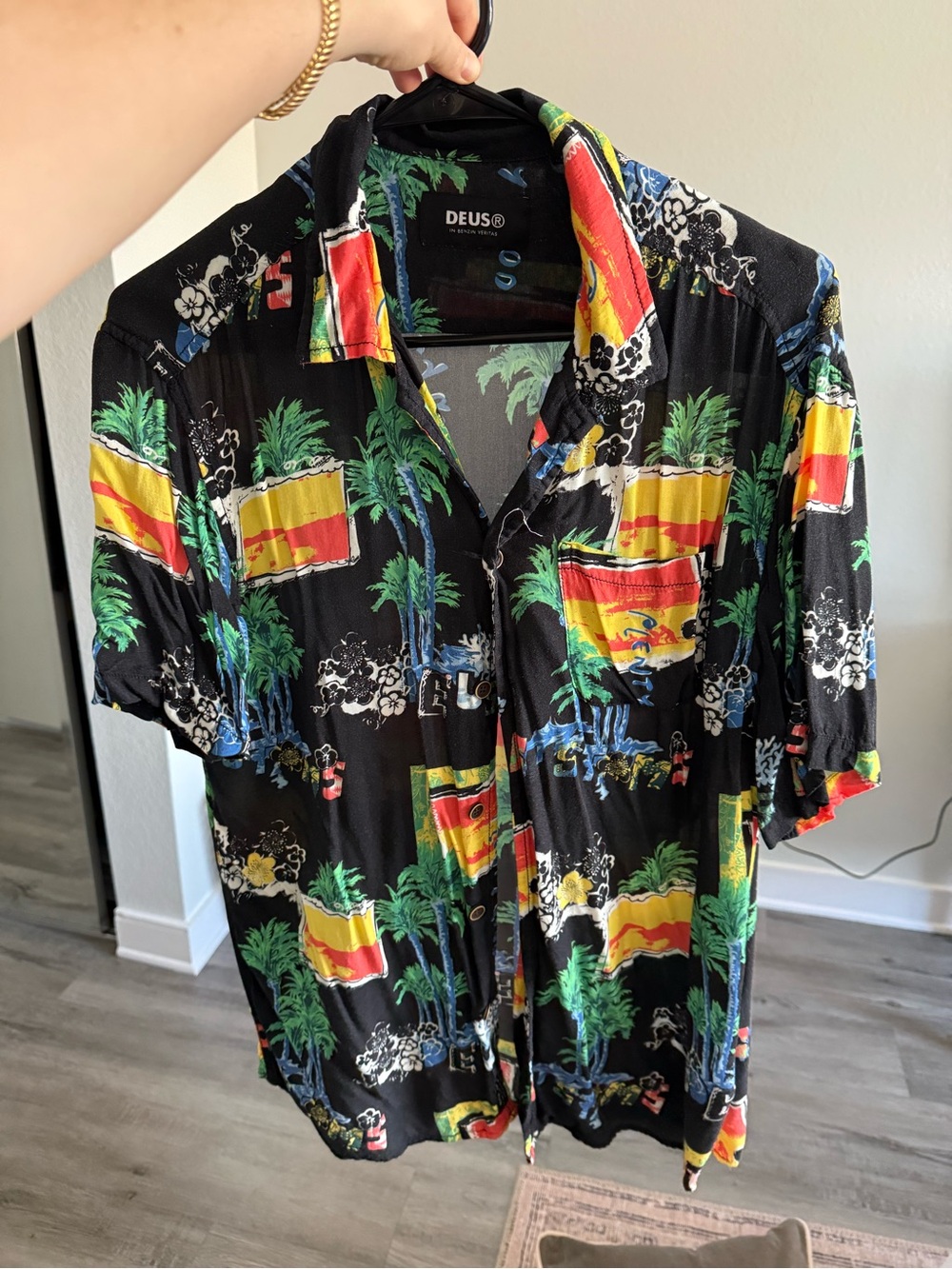 River Island Black Short-Sleeve Tropical Print Button-Down Shirt
